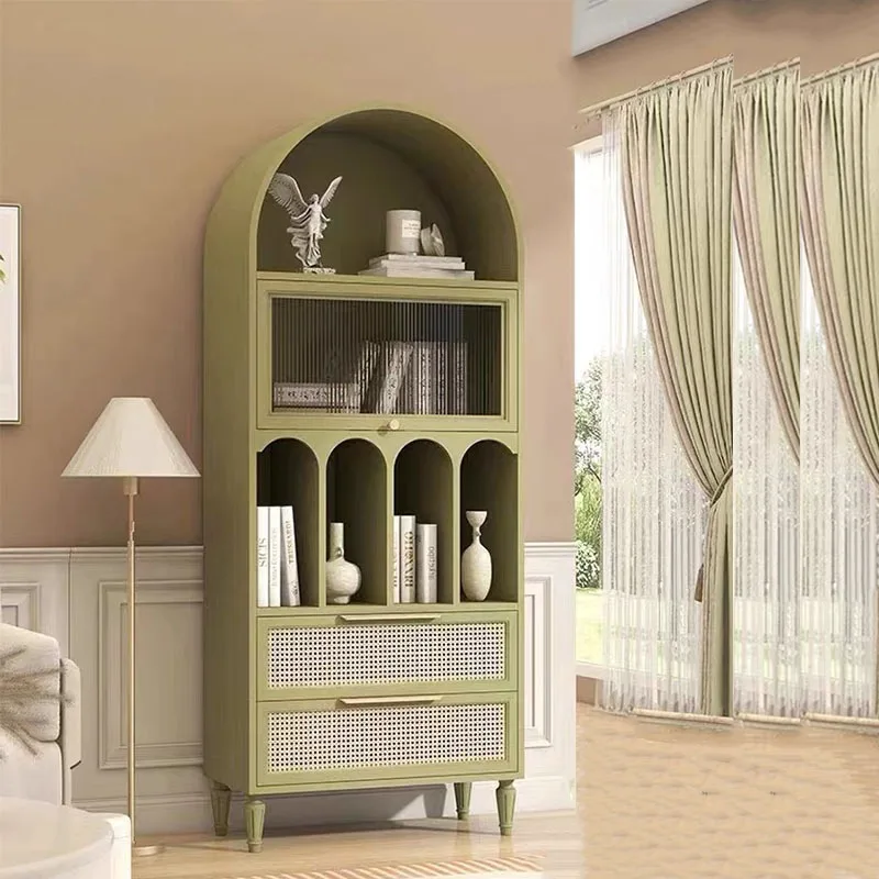 French retro solid wood storage cabinet high cabinet rattan arched decorative cabinet