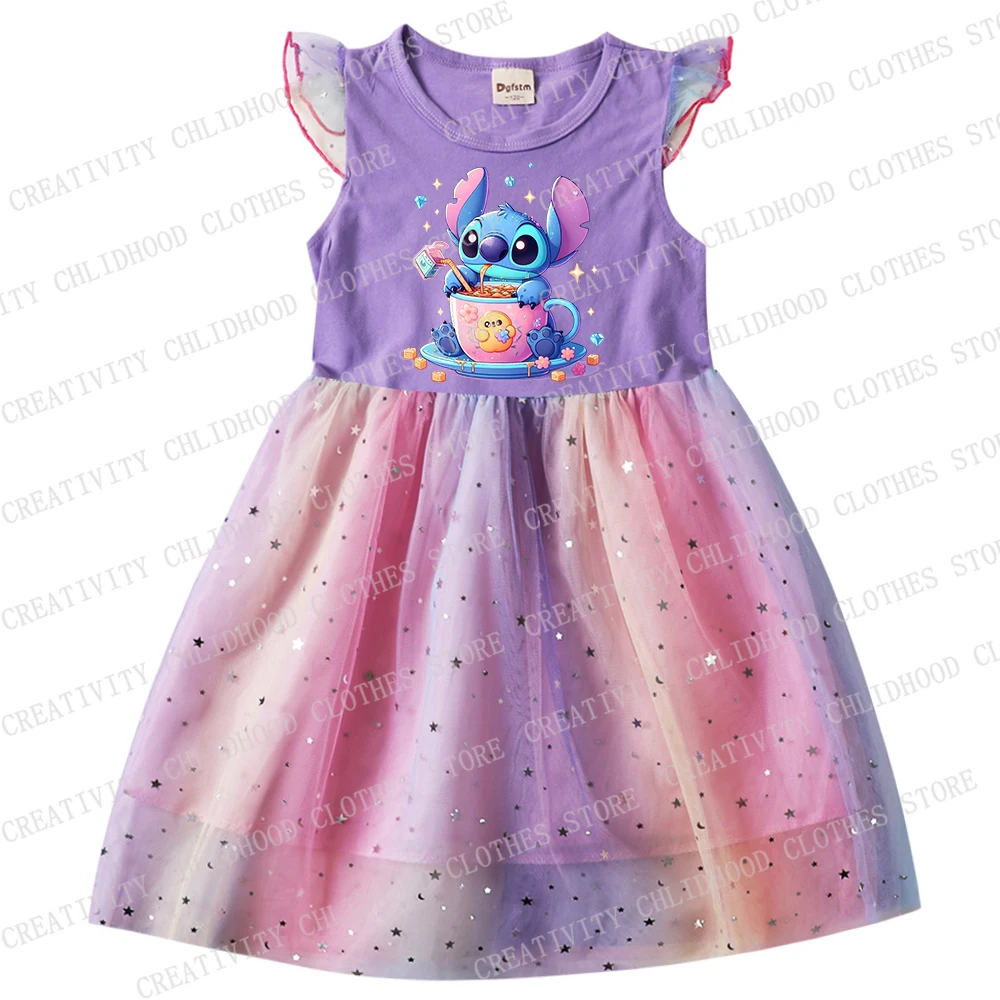 Disney Cartoon Stitch Dress para crianças, manga voadora, moda infantil, roupa kawaii, gaze de bebê casual, verão, novo