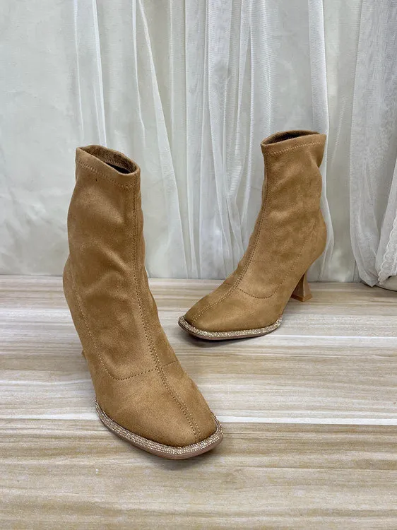 

Faionable Velvet Surface Women's Boots with Diamond Detail High Heel Slip-On ort Boots Square Head Slim Fit Youth oe