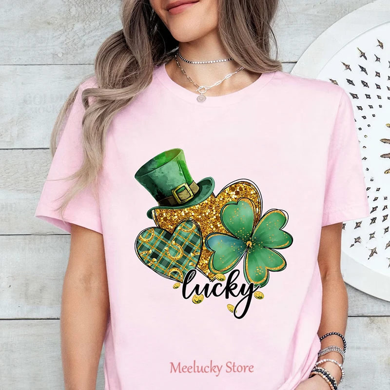 Lucky printed beautiful pattern round neck short sleeved women's top, simple and versatile pure cotton material women's T-shirt