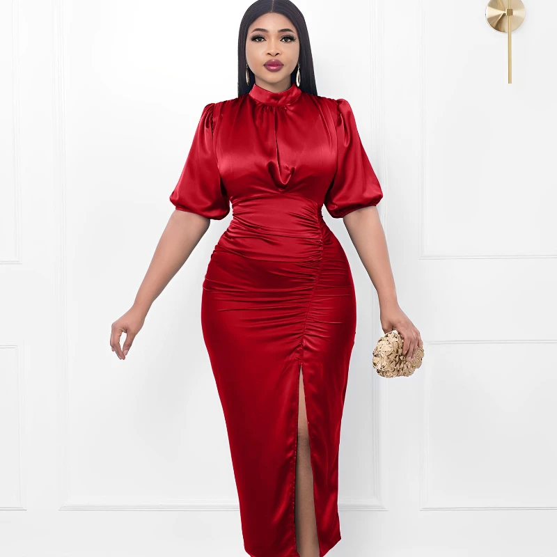 2023 Muslim Islam Abaya African Women's High-necked Tight-fitting Skirt Elegant High Split Pleated Dress for Europe and America