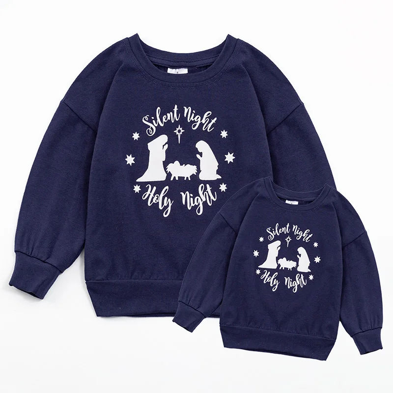 Girlymax Christmas Winter Baby Girl's Mommy &me Boutique Navy Nativity Top T-shirts Kids Clothing Long Sleeve