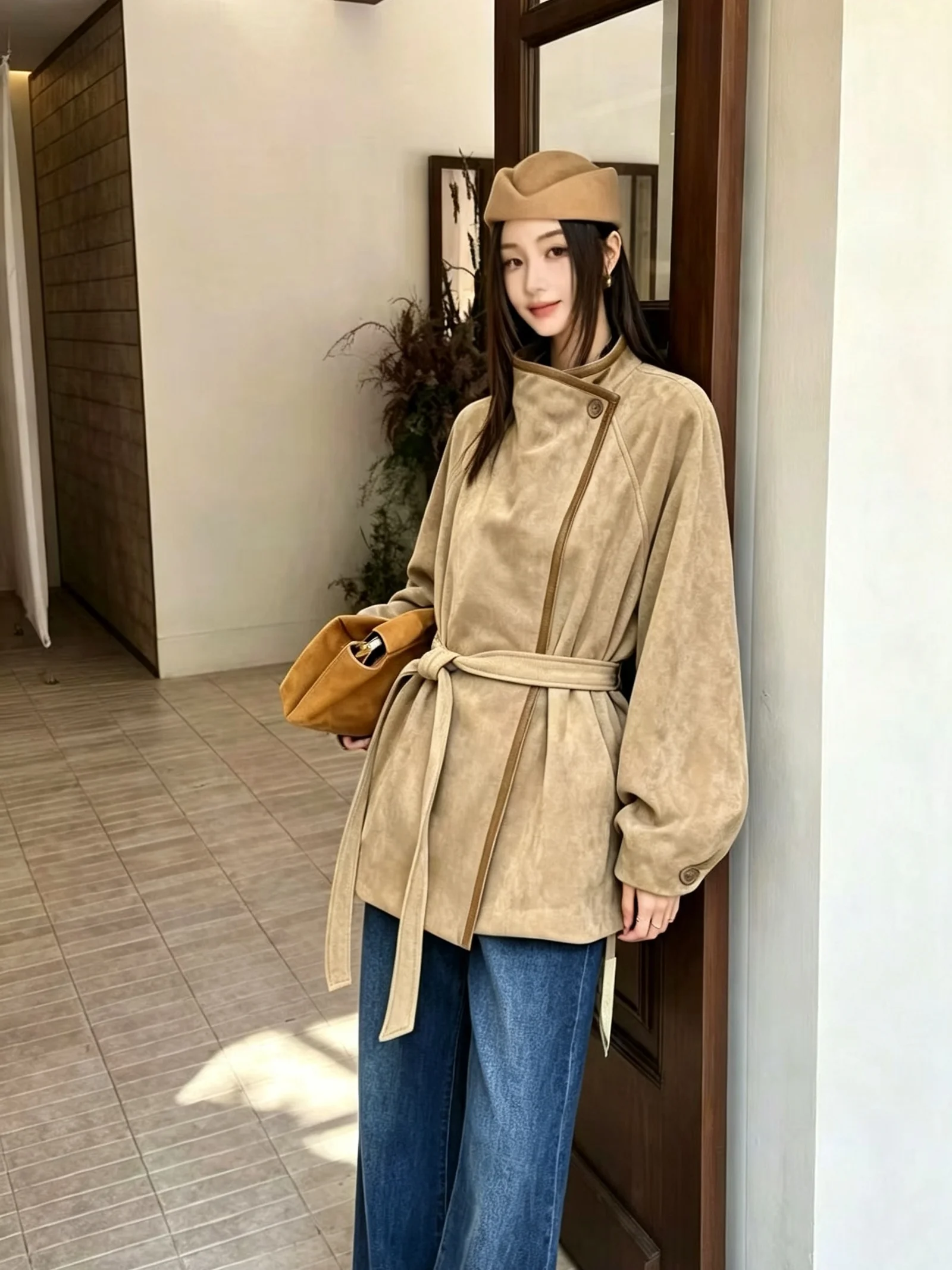 PUAL Women Faux Suede Short Jacket, 2‑Style Collar Zip Up Lantern Sleeve Belted Vintage Outerwear