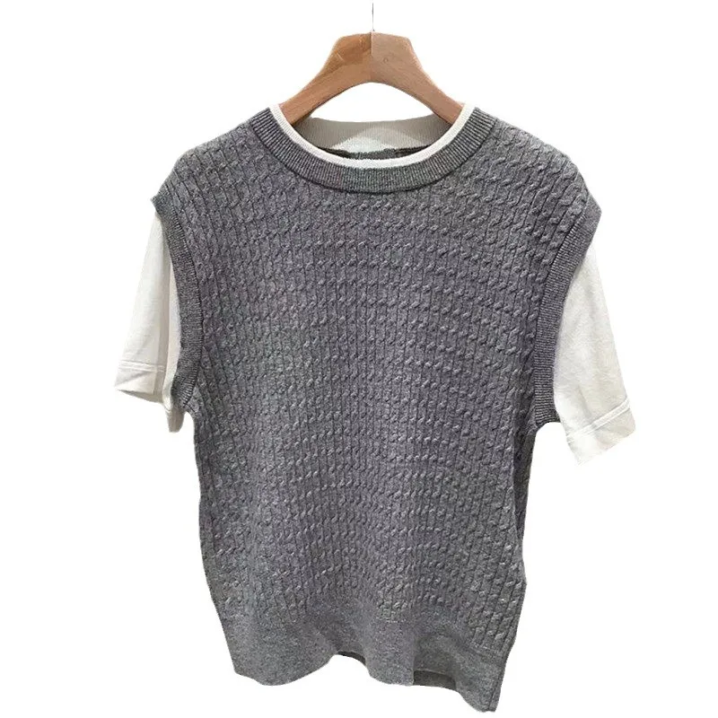 Knitted Top for Women 2024 New Spring Autumn O-neck Fake Two Piece Casual Short Sleeve Tee