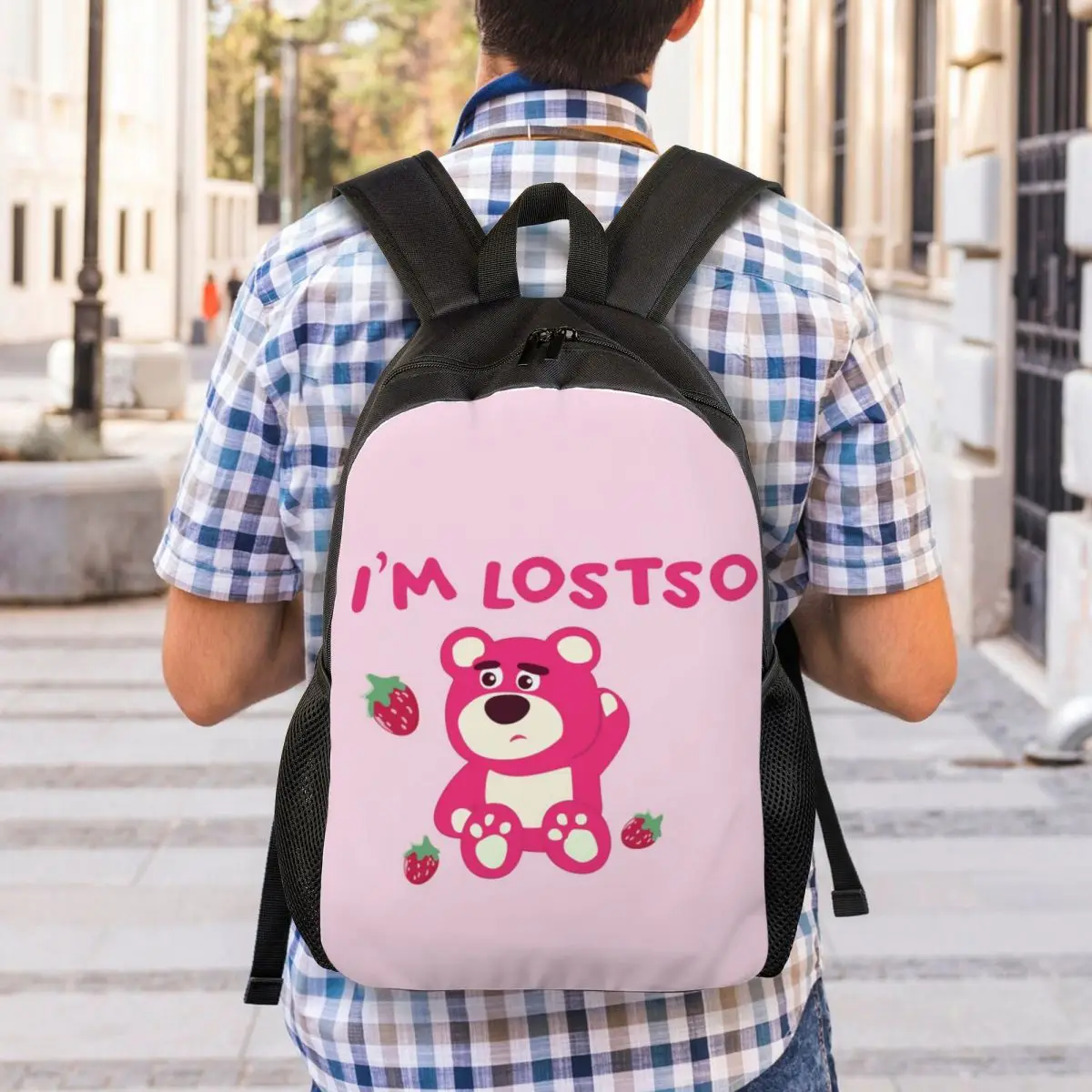 Custom Schattige Lotso Huggin Aardbei Beer Rugzak Voor Mannen Vrouwen Waterdichte School College Tas Print Boekentassen