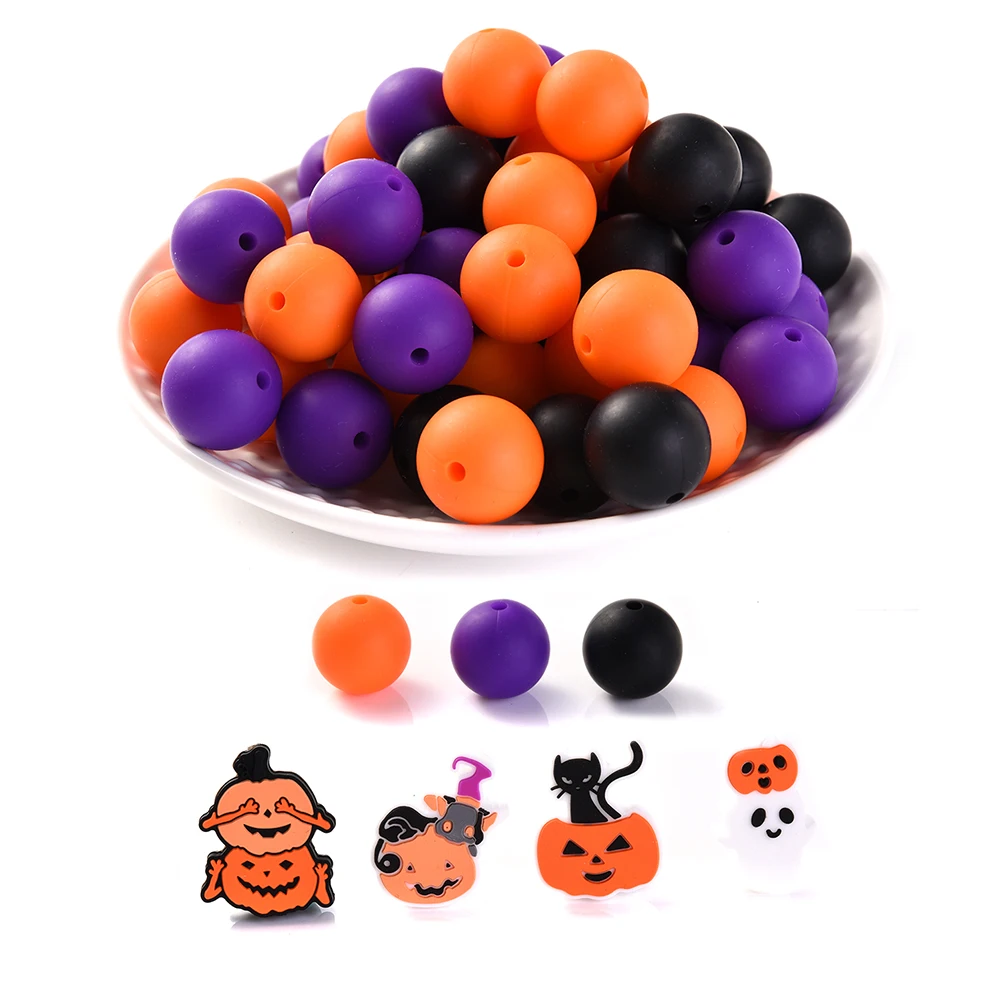 40Pcs New Baby Halloween Silicone Beads Round15mm Teether Beads Set for Pacifier Clips Diy Color Teething Toy Baby Products Gift