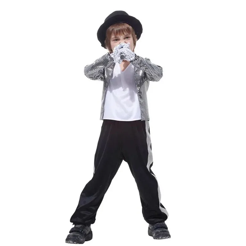 Boy Michael Jackson Billie Jean Cosplay White Suit Sequin Gloves Pop Moonwalk Halloween Fancy Dress Up Pop King Costume for Kids