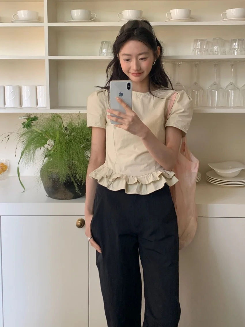 Alien Kittyเสื้อฤดูร้อนSlim-Fitใหม่ผู้หญิงสั้นพัฟแขนChic 2025 Daily Office Lady Casual All Match Gentle blusas