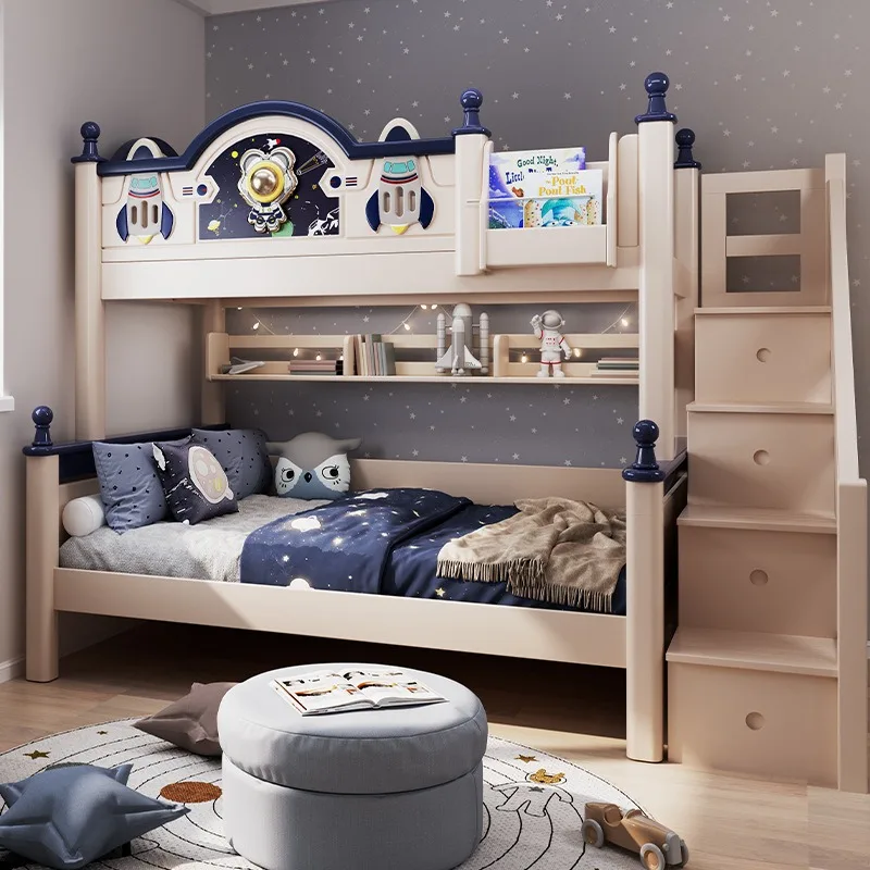 Full solid wood upper and lower bunk beds Boys high and low Small apartment upper and lower  Two-layer children's beds