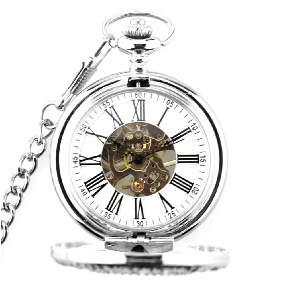 Luxury Mechanical Pocket Watch Hollow Case Roman Number Dial Mens Hand Wind Mechanical Pocket Watch With FOB Chain