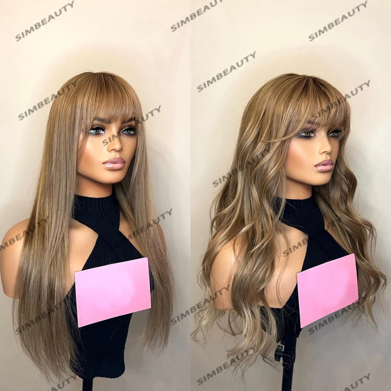 Indian Transparent Lace Front Human Hair Wigs for Women with Bangs Glueless Fringe Ash Blonde Body Wave/Straight Long Remy Wigs