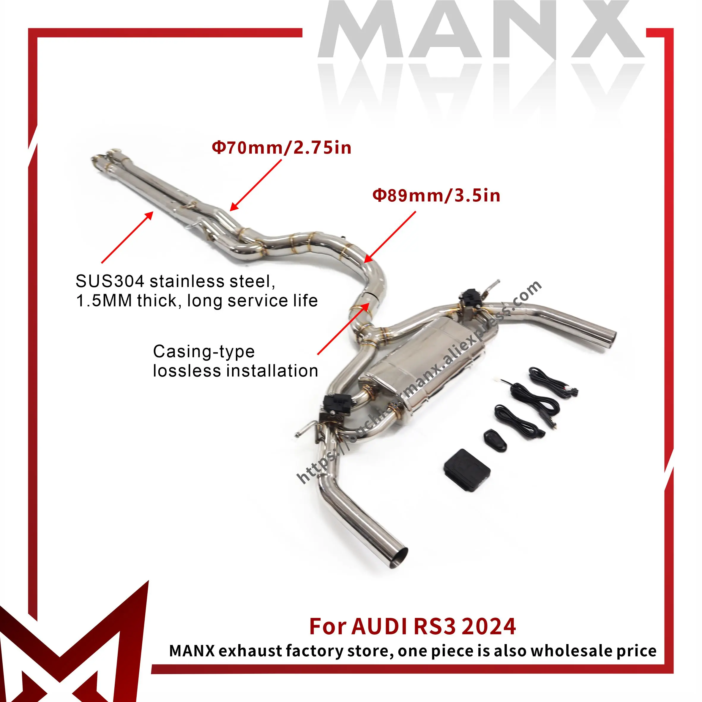 

For Audi RS3 2024 Catback Exhaust System Stainless Steel Performance Muffler with Remote Control Valve Lossless Installation