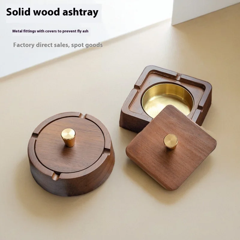 

New Style Solid Wood Ashtray with Lid, Anti-Flying Ash, High-End Creative Decoration for Home Office Living Room