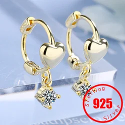Stamp 925 Sterling Silver Minimalist Short Love Heart Round Zircon Hoop Earrings for Fashion Women Couple Jewelry Gift