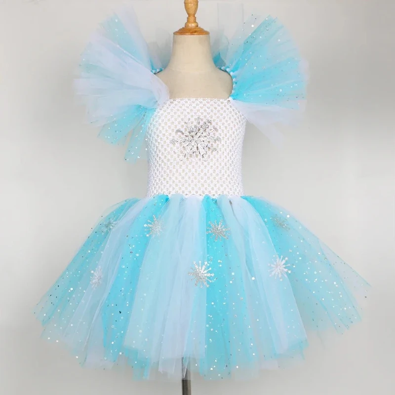 Sparkly Girls Elsa Tutu Dress Glitter Snowflake Snow Queen Cosplay Princess Costume for Kids Halloween Carnaval Party Dresses