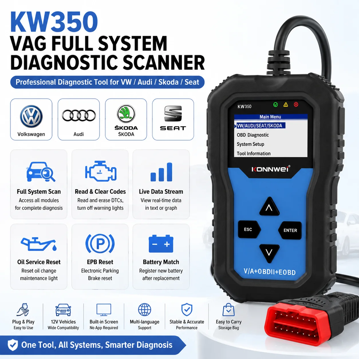 KONNWEI KW350 OBD2 Scanner for VW Audi Skoda Seat, Full System Car Diagnostic Tool,Fault Code Reader,Oil Reset EPB Battery Match