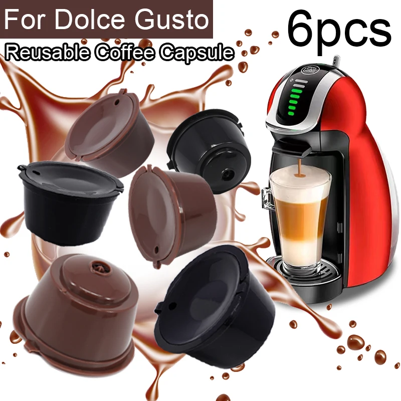 6pcs Refillable Coffee Capsule for Dolce Gusto Reusable  Empty Pods Filter Cup  Plastic  with Spoon and Brush