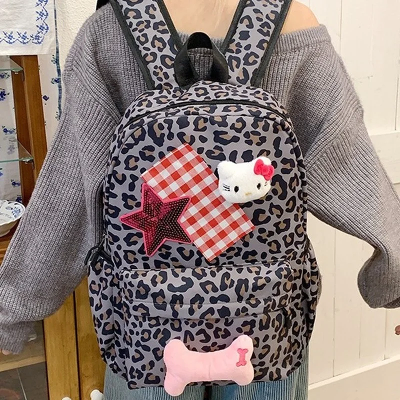 Tas Ransel Motif Leopard Kartun Baru, Tas Selempang untuk Perjalanan, untuk Siswi SMP dan SMA, Tali Ganda, Tas Buku