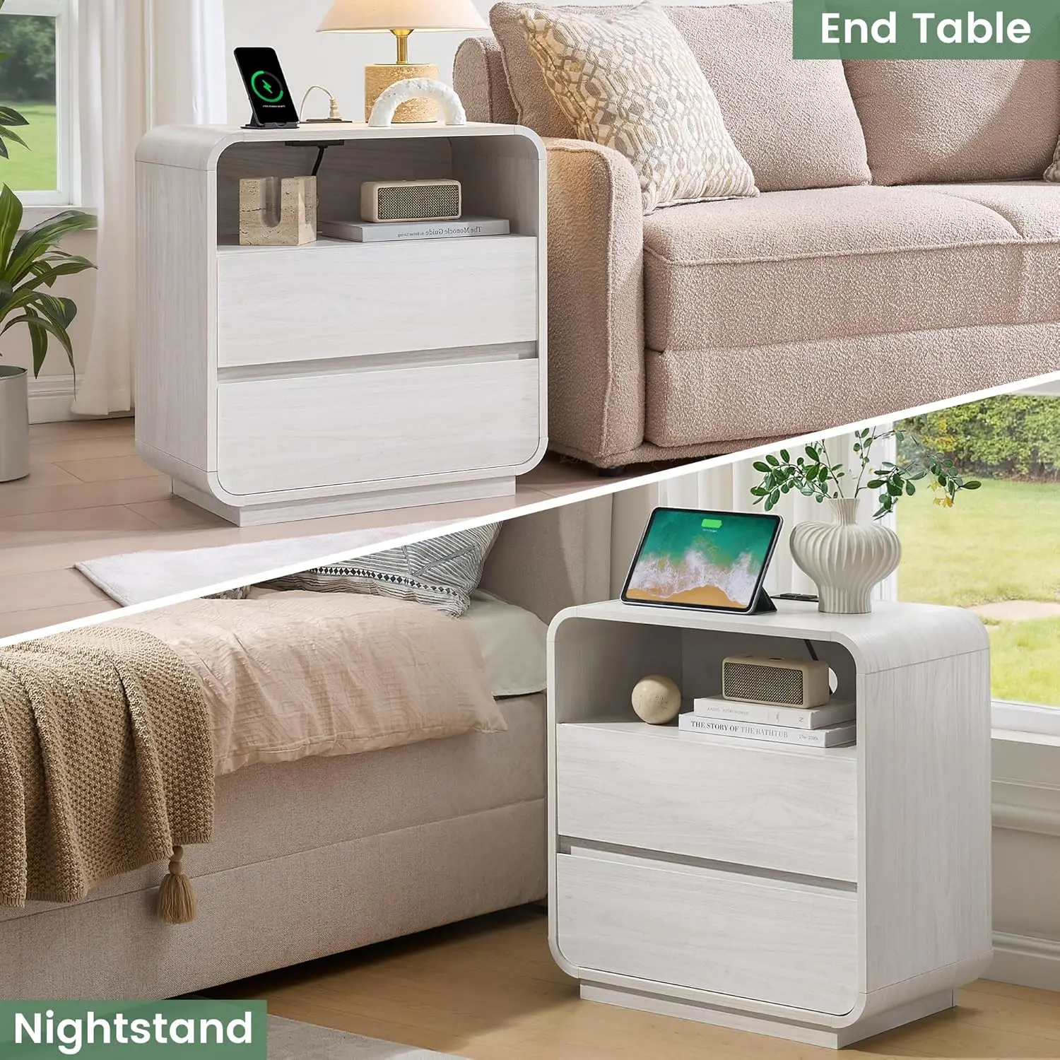 زوج من طاولات النوم الحديثة بعرض 23.2 مع قاعدة شحن وأدراج تخزين