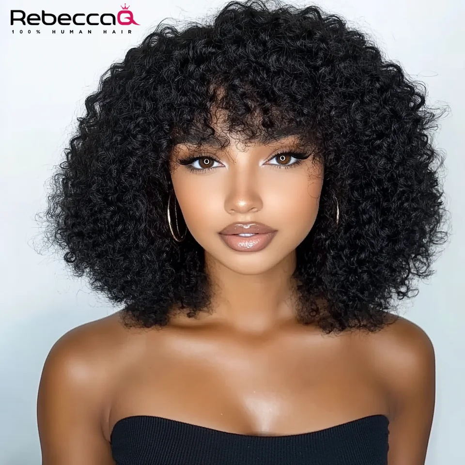 Pelucas de cabello humano rizado Afro con flequillo, sin pegamento, 250 de densidad, Remy, brasileño, corto