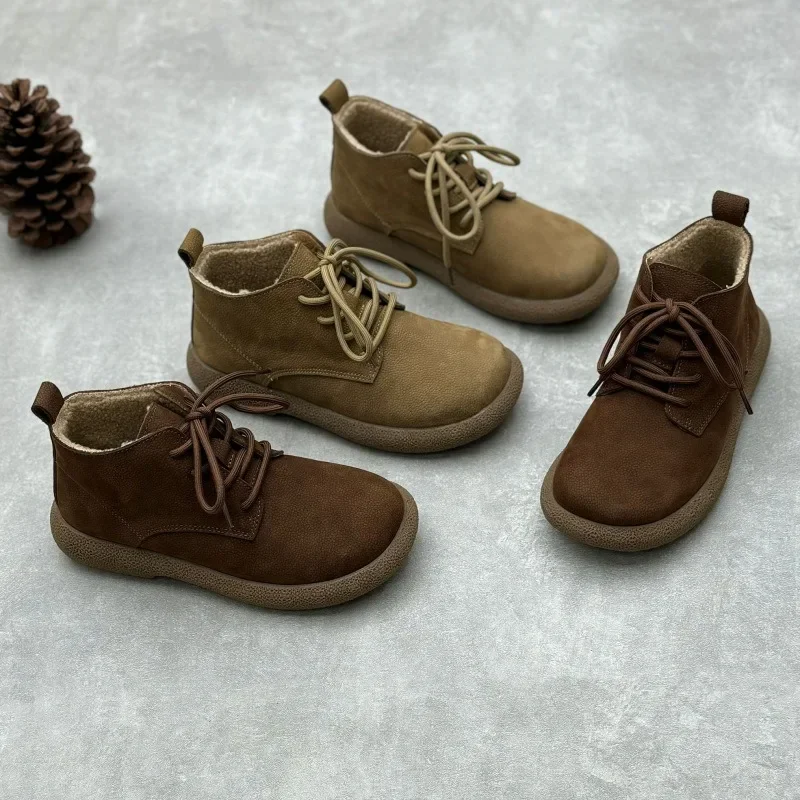 Careaymdae-Wider toe Genuine Leather Women's Shoes Platform Plush Warm Fur Winter Lace-up Ankle Boots Women's Flat single Boots