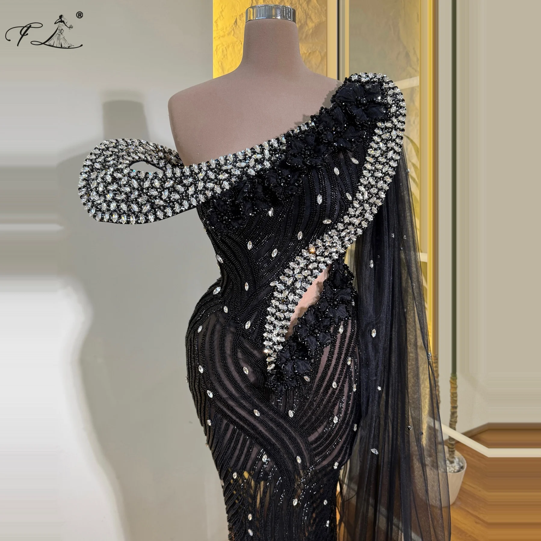 

Luxury and Elegant Evening Dress Black Mermaid Dress With Tulle Train Crystal Beaded See-Through Dress Party Dress Customized