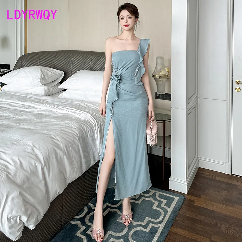 2024 Summer New Women's French Design with Diamond Flower Single Shoulder Slim Fit Dress