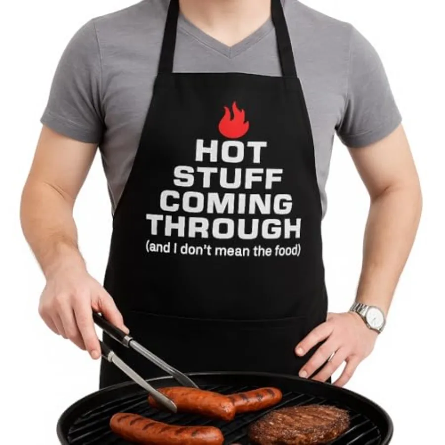 

AMORII Fy Apron for Men Waterproff cng apron for Men. Adjustable BBQ Apron. With 2 Large Pockets Chef Apron. Hot stuff coming t