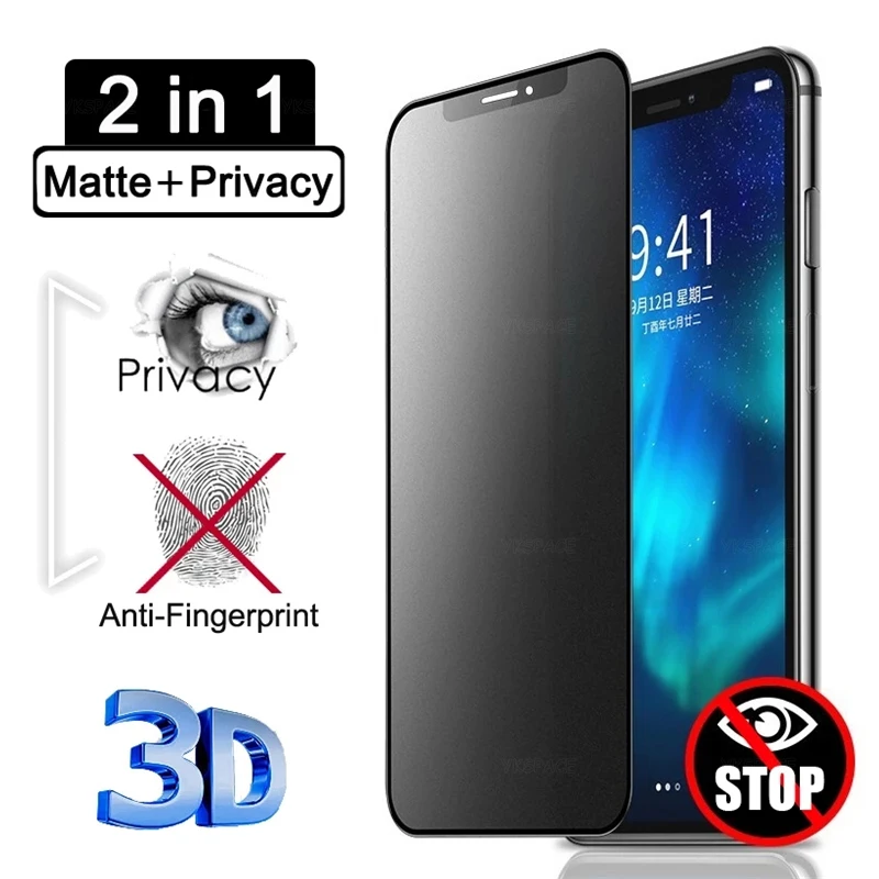 3D Full Cover Matte Privacy Screen Protector per iPhone 16 15 14 13 12 11 Pro mini X XS Max XR 8 Plus SE vetro temperato Anti spia