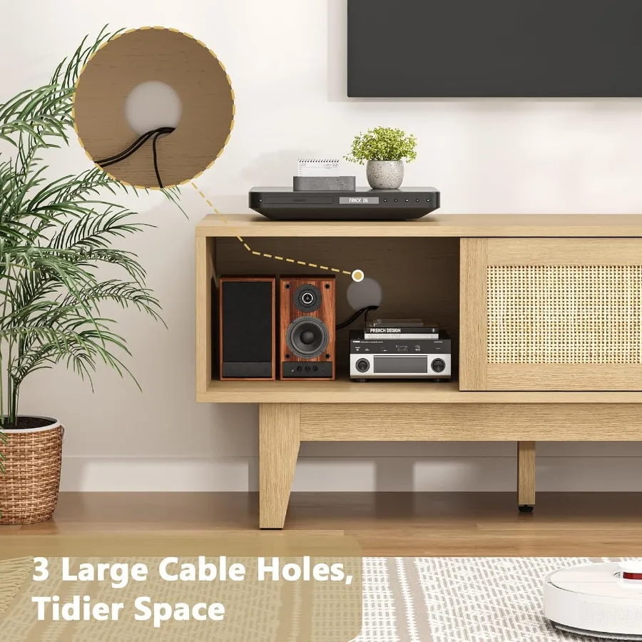 حامل تلفزيون لمركز الترفيه في المزرعة مقاس 65 بوصة مع طاولة وحدة تحكم الوسائط الخشبية لباب الحظيرة المنزلقة باللون الطبيعي من الروطان