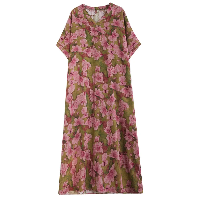 حجم كبير الصيف الأزهار Vaion Sle السفر V-Ne الرجعية طويلة الدكتور اللحوم إخفاء القطن الكتان الدكتور الملابس النسائية