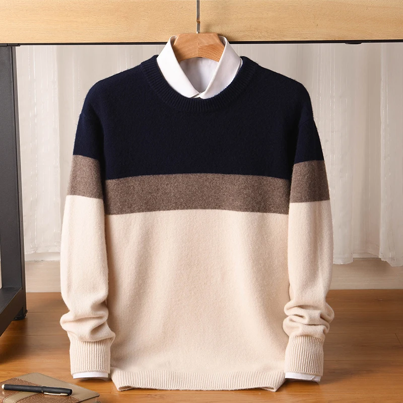 Men\'s Round Neck Thickened Pullover Sweater With Color Matching Warm Base Sweater 2024 Winter New Loose And Warm Knitted Sweater