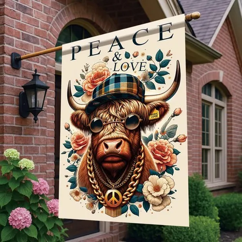 Peace Love Highland Cow House Flag 28x40 Inch Funny Double Sided Buffalo Gard... AAV hhz