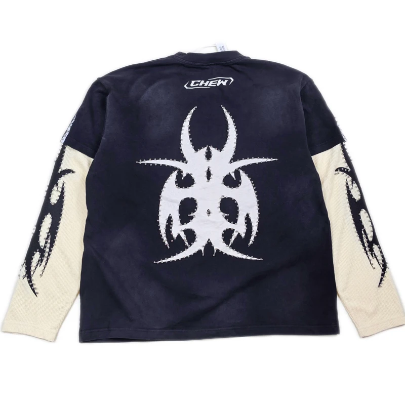 Retro Trendy Metal‑Studded Pattern Long Sleeve Tee High‑Quality Spliced Casual Loose‑Fit Top T-Shirt New Arrival