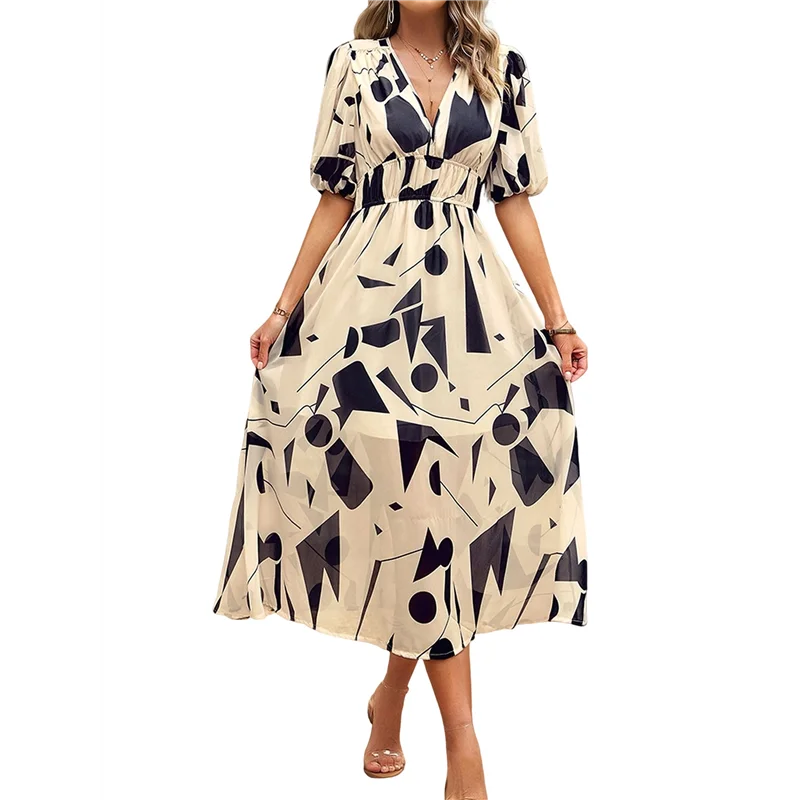 【Party-Decoration】Womens Summer Dresses 2025 Casual Puff Short Sleeve V Neck Floral Boho Maxi Dress