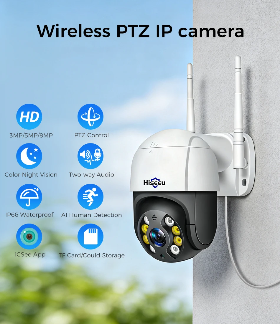 Hiseeu 4K 8MP Wifi PTZ Camera 5x Digital Zoom AI Human Detection Two-way Voice ONVIF Wireless IP Security Protection Camera
