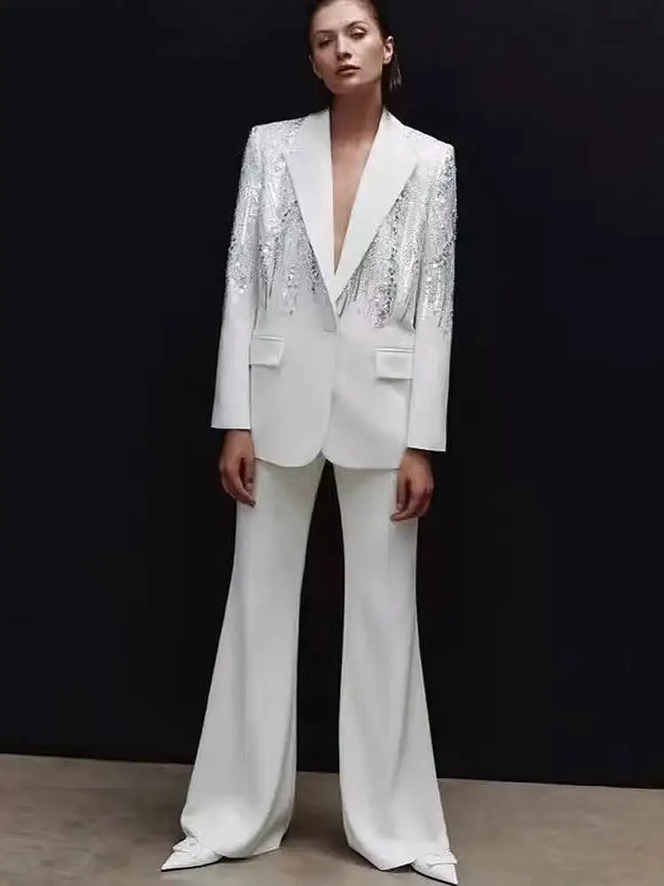 HIGH STREET Newest Fashion Designer Suit Women's Sequined Beading Single Button Blazer Flare Pants Set 2Pcs