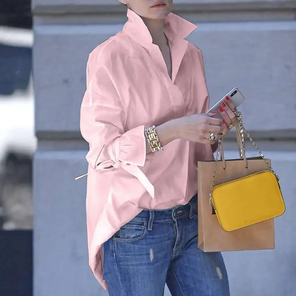 Spring Summer Women's Long Sleeve Shirts Women's Spring Summer Fashion Stand-up Collar Loose Solid Color Office Lady Tops Street