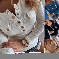 2023 Spring and Autumn Women Long Sleeved  XS-5XL Casual Button T-shirt Plus Size Tops Female Slim Fit Pure Color Tops