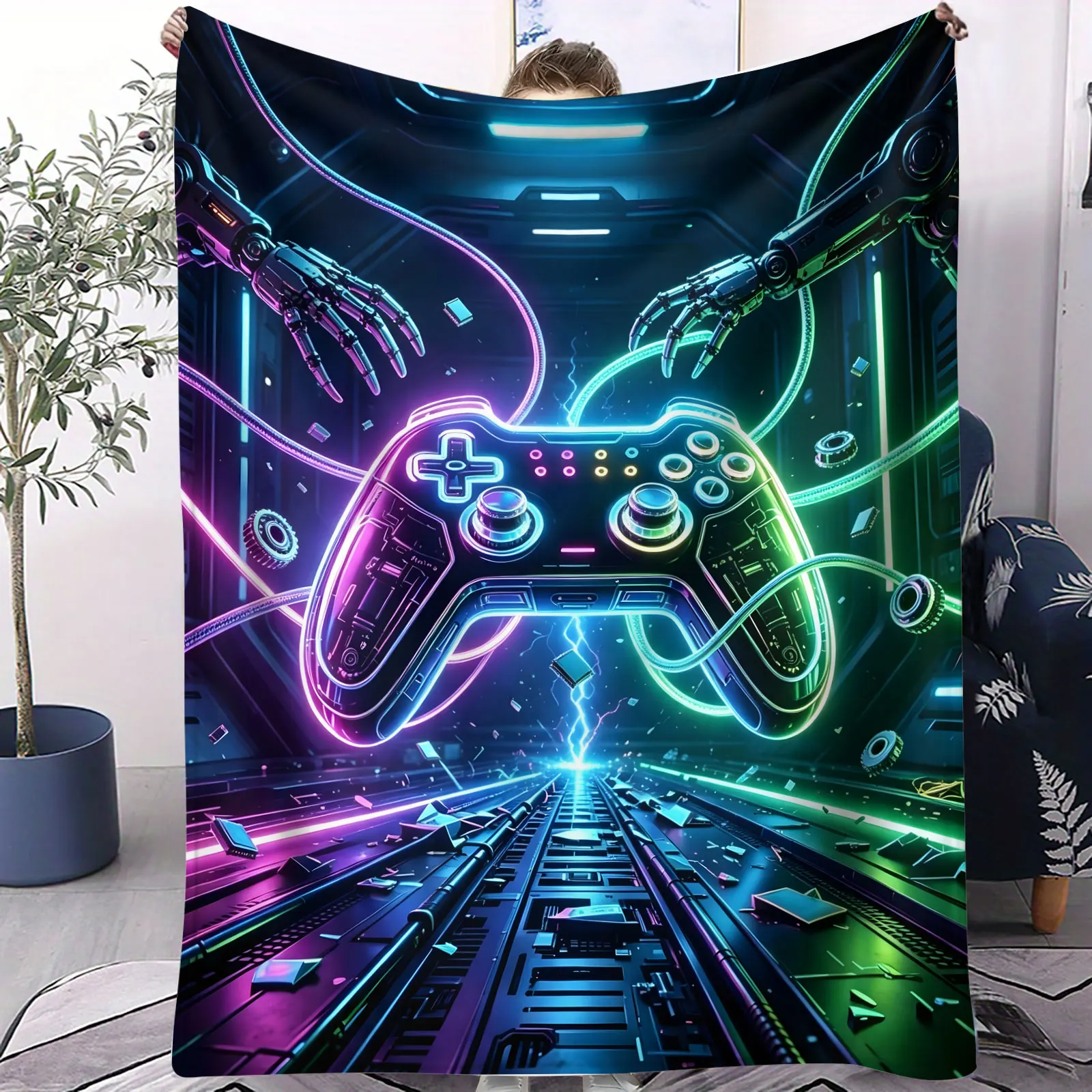 Cyberpunk Neon Game Controller Throw Blanket Futuristic Robotic Hand Gaming Pattern Warm Flannel Blanket Game Room Decor Blanket