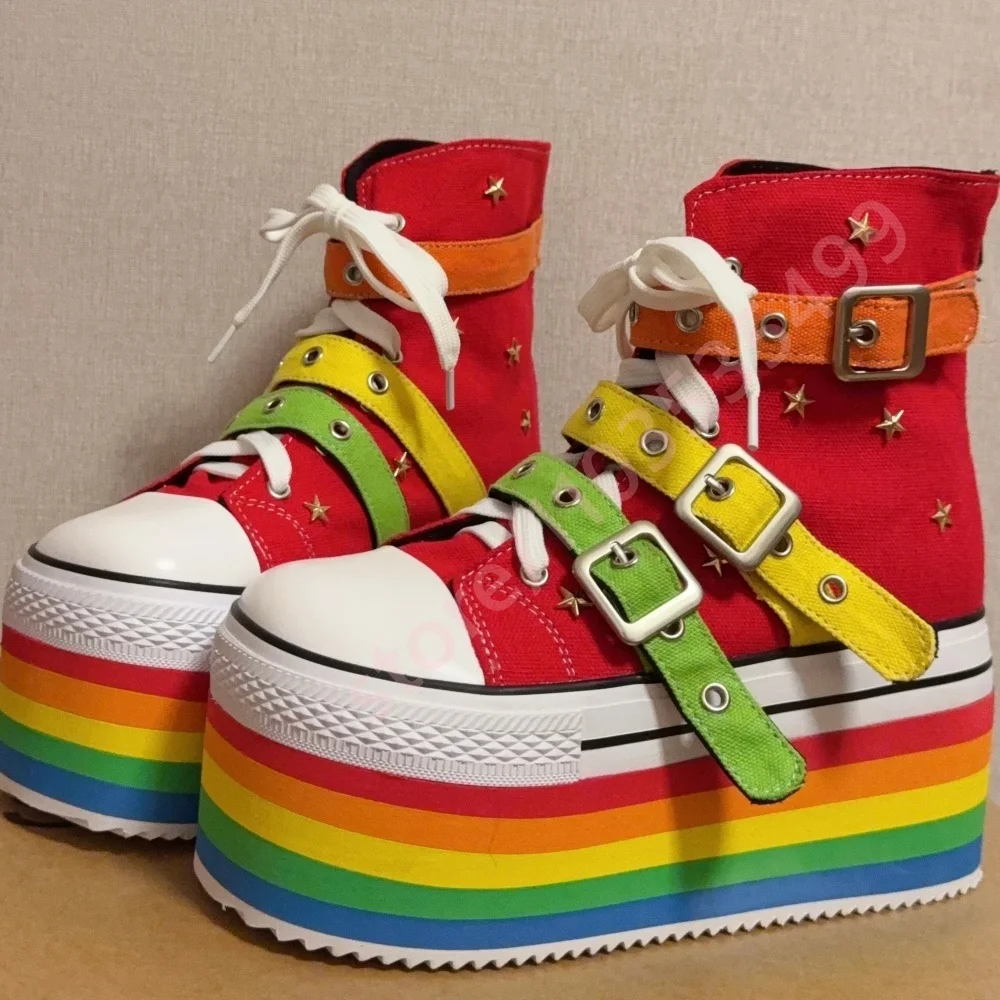 Rainbow Platform Buckle Belt Canvas Boots 2025 New Round Street Style Party Casual Short Boot Fashion Women's Lace-Up Stage Boot