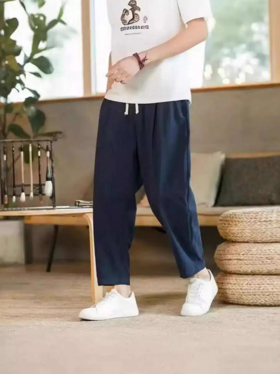 

New Men's Linen Pants Loose Casual Summer Thin Straight Cotton Linen Wide Leg Harlan Trousers High Waist Long Pants