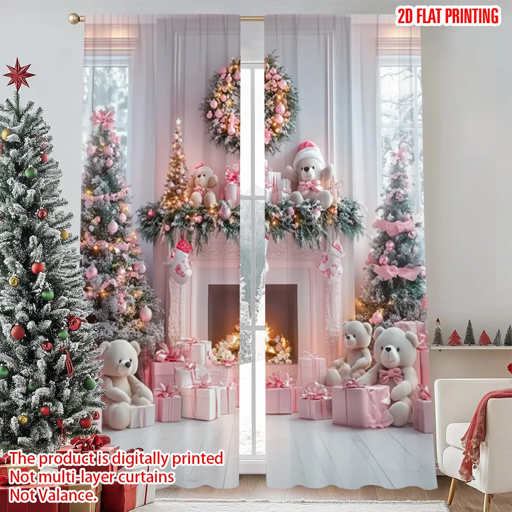 2pcs 2D flat printing Merry Christmas Popular Curtains Pink fireplace Versatile Fabric Without Electricity Party Decorations Use