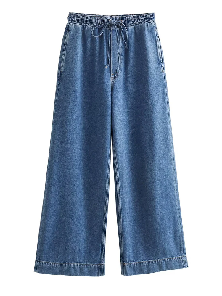 [EAM] Big Size Blue Denim Shirt Wide Leg Pants Two Piece Suit New Lapel Long Sleeve Women Fashion Spring Autumn 2024 1DH6390