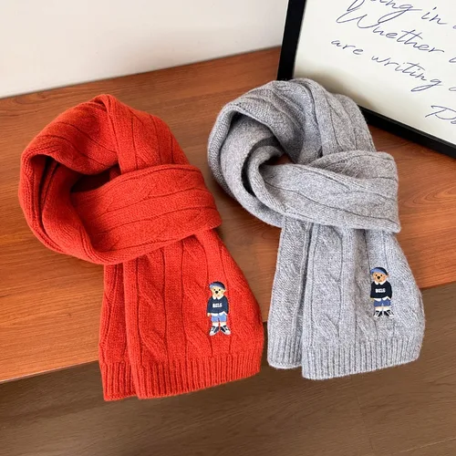 Imagen 2 del producto Nueva bufanda de lana australiana de 100%, tejido de Cable trenzado, bufanda de oso de punto bordada Vintage británica, gruesa para el calor