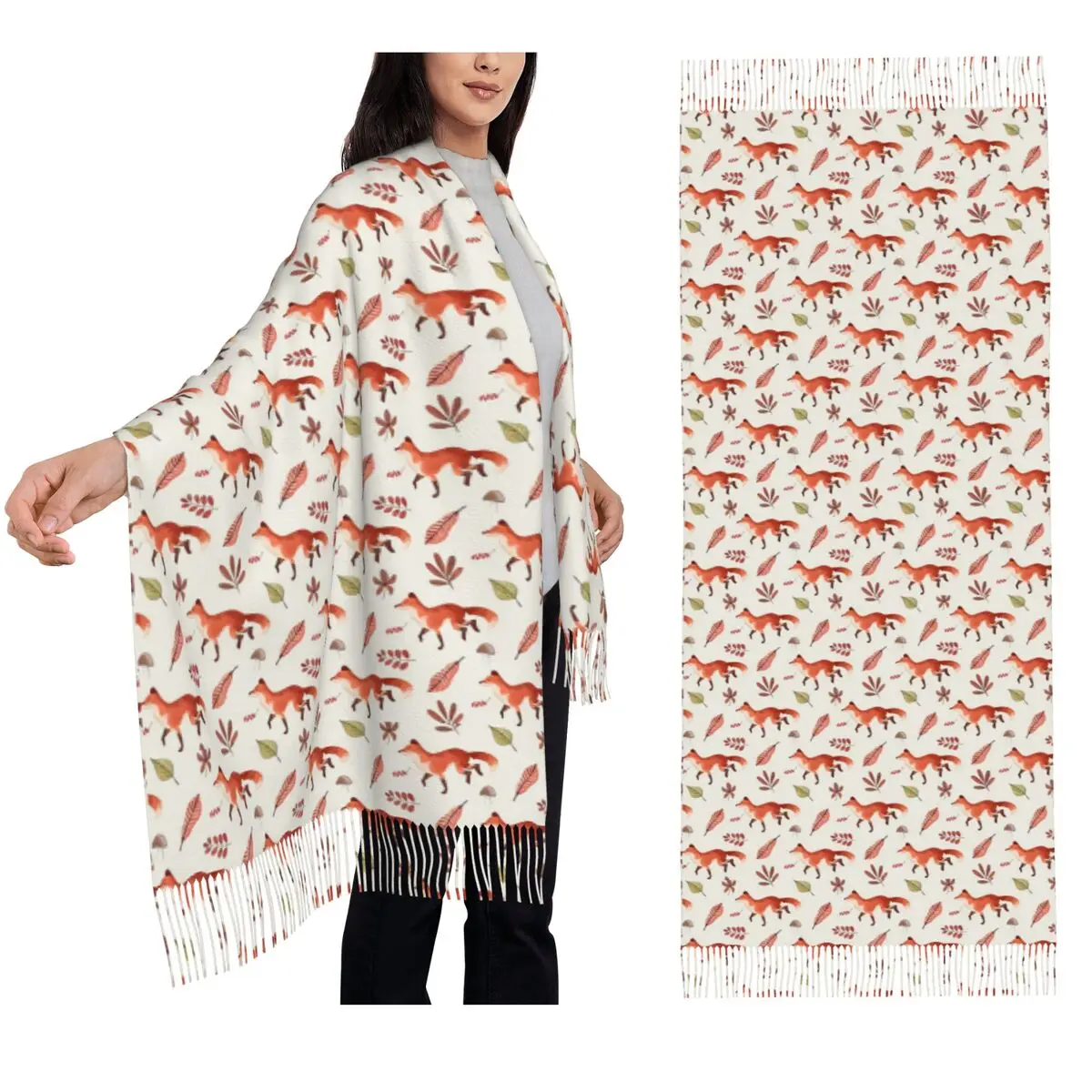 

Fall Fox Watercolor Pattern Scarf Tassel Scarves for Women Soft Warm Shawls and Wraps Long Fall Winter Shawl Wrap