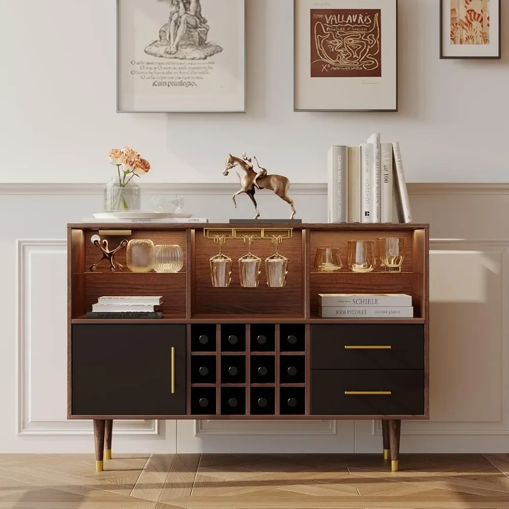 Bar Cabinet, 47 inch Walnut - Modern Cabinet with LED Light Charging Station, Buffet Table, Coffee Bar & Storage