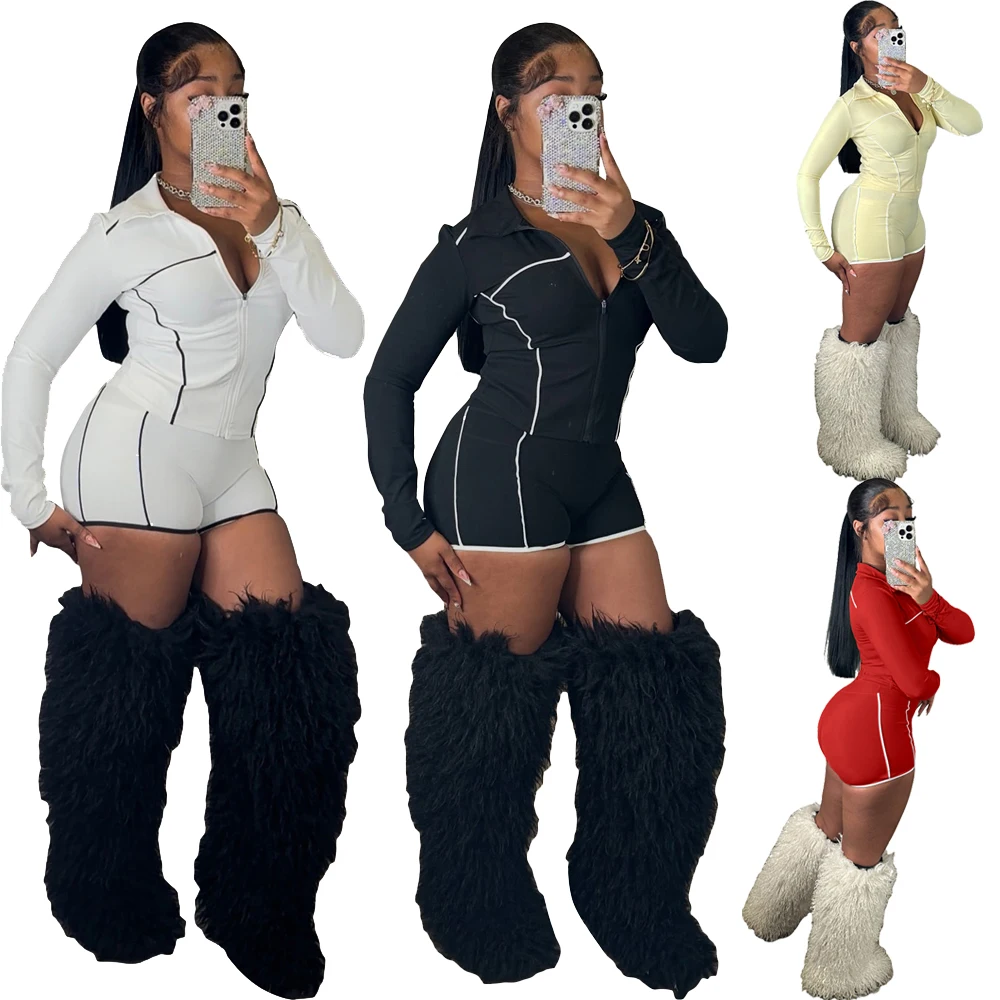 Conjuntos de moda de otoño 2025 para mujer, Tops con cremallera de manga larga y pantalones cortos ajustados para gimnasio, Yoga, conjunto elástico de 2 piezas, trajes de chándal