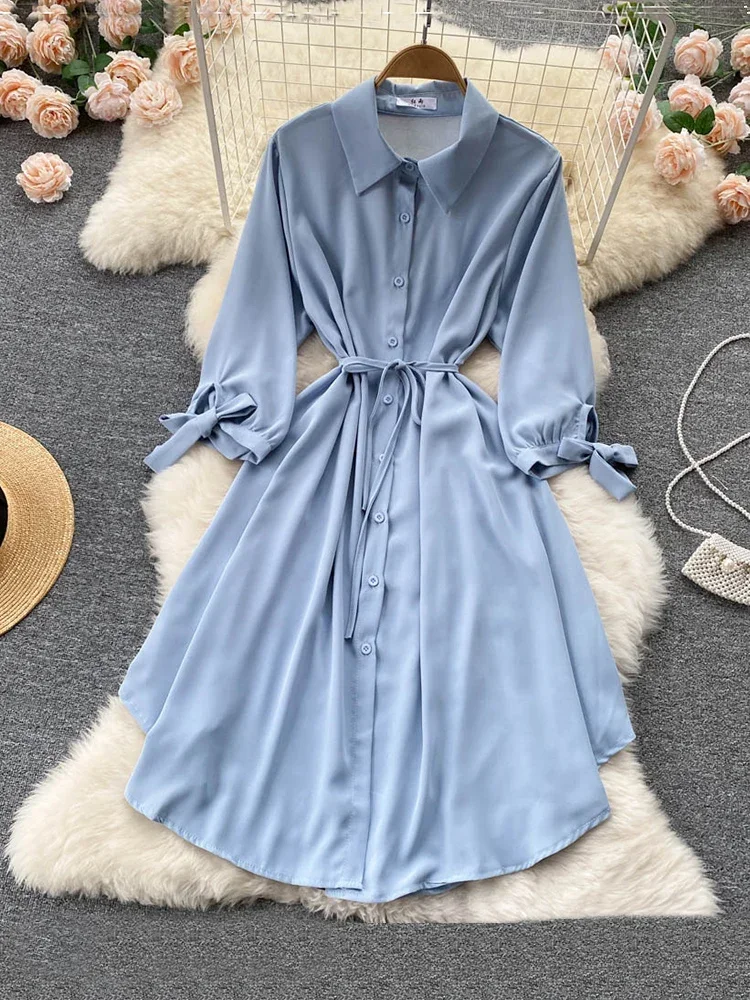 Women Spring Summer Vestidos Hot Korean Style Single-breasted Waist Slim Mid-length Fashion High-waist A-line Dress Female D0808