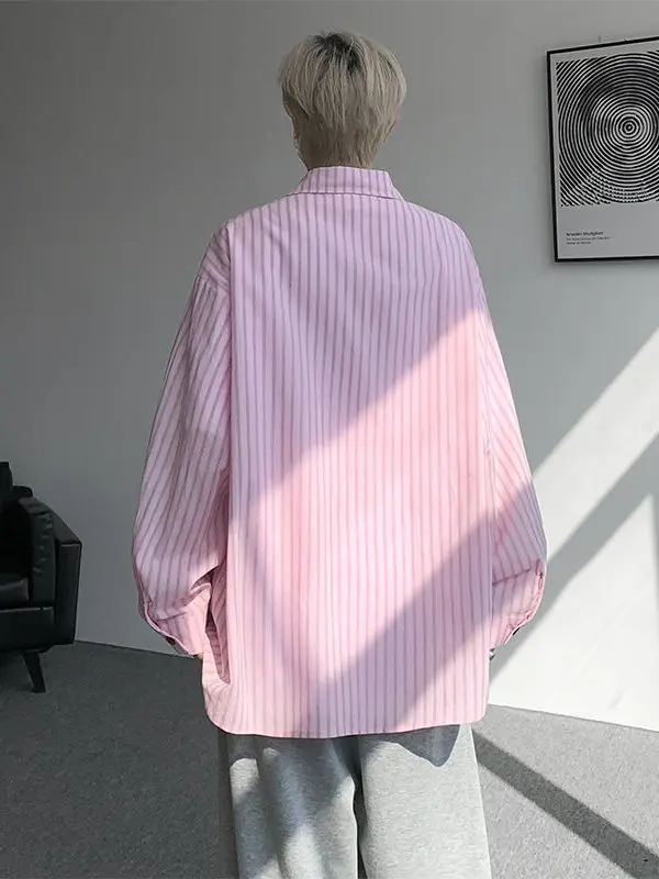 Loose Fit Striped Long Sleeve Shirt Unisex plus Size Casual Style Polyester Fiber Student Group Purchase Class Uniform Shirt